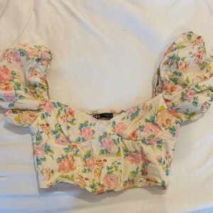 Zara Floral Puff Sleeve Blouse - Pink and Cream